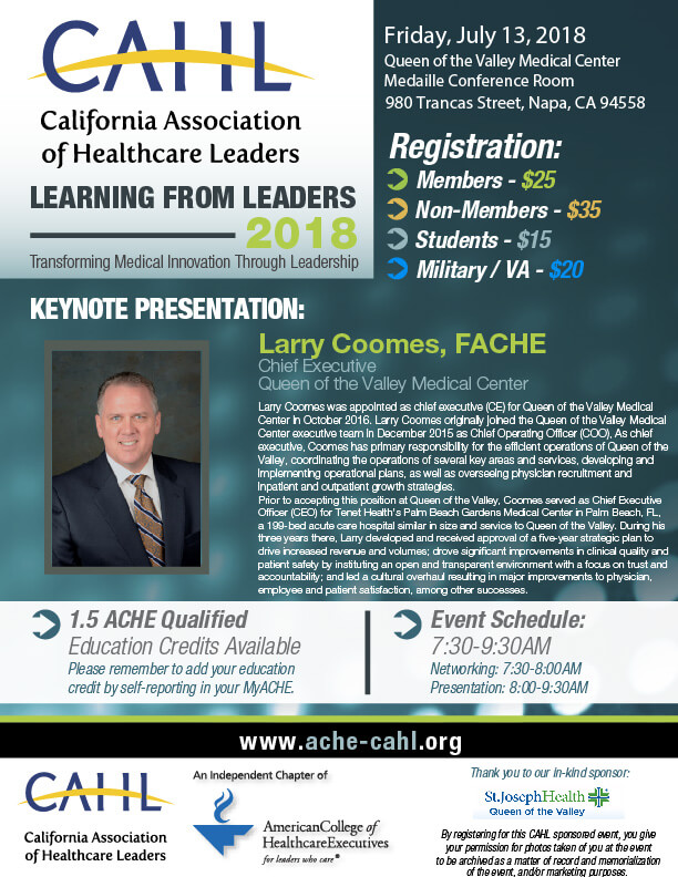 Learning From Leaders with Larry Coomes, FACHE Flyer