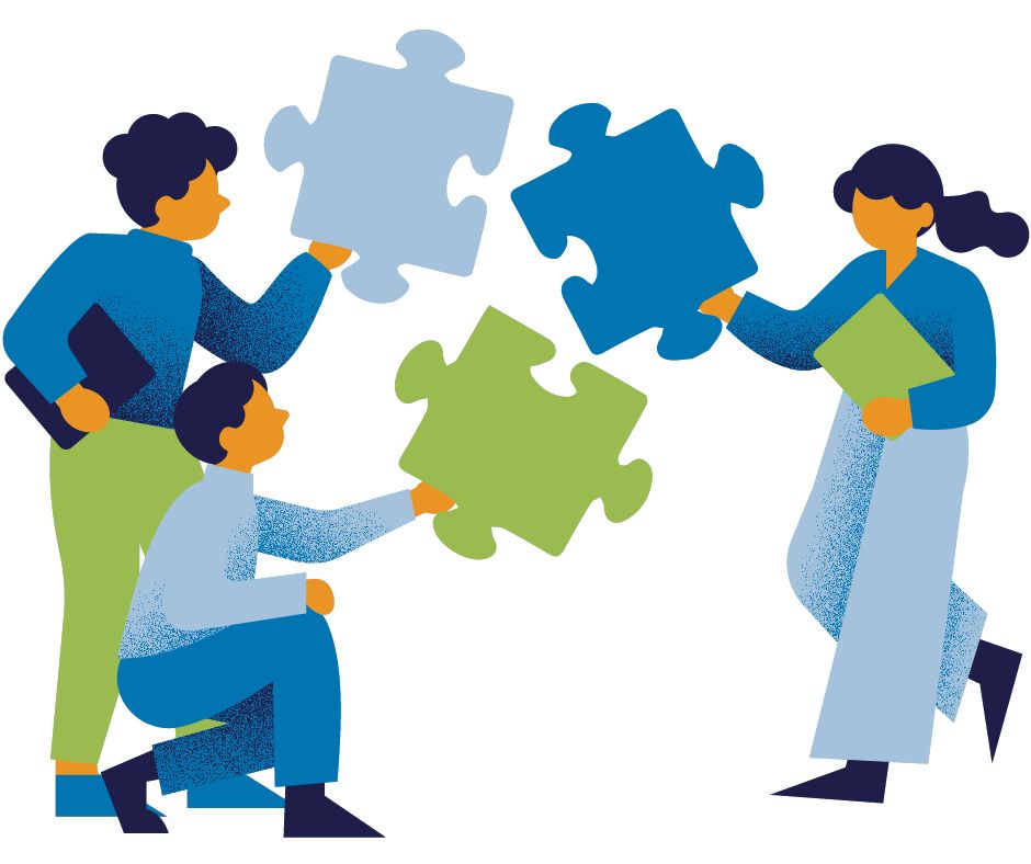 Collaborate-Canva-Graphic An illustration of people putting large puzzle pieces together